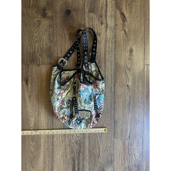 Kathy Van Zeeland Floral Hobo Shoulder Bag • Rhinestone Crown Logo Studded